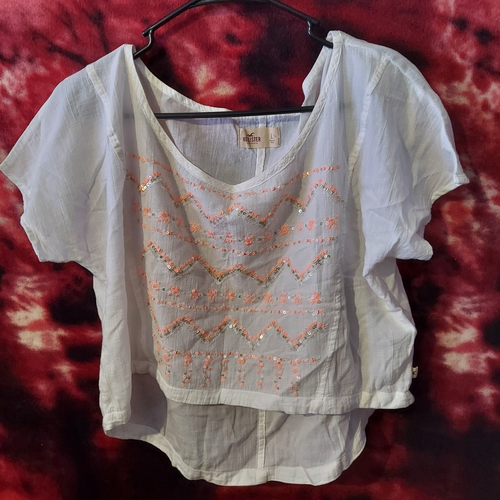 Hollister White Blouse with Pink Embroidery